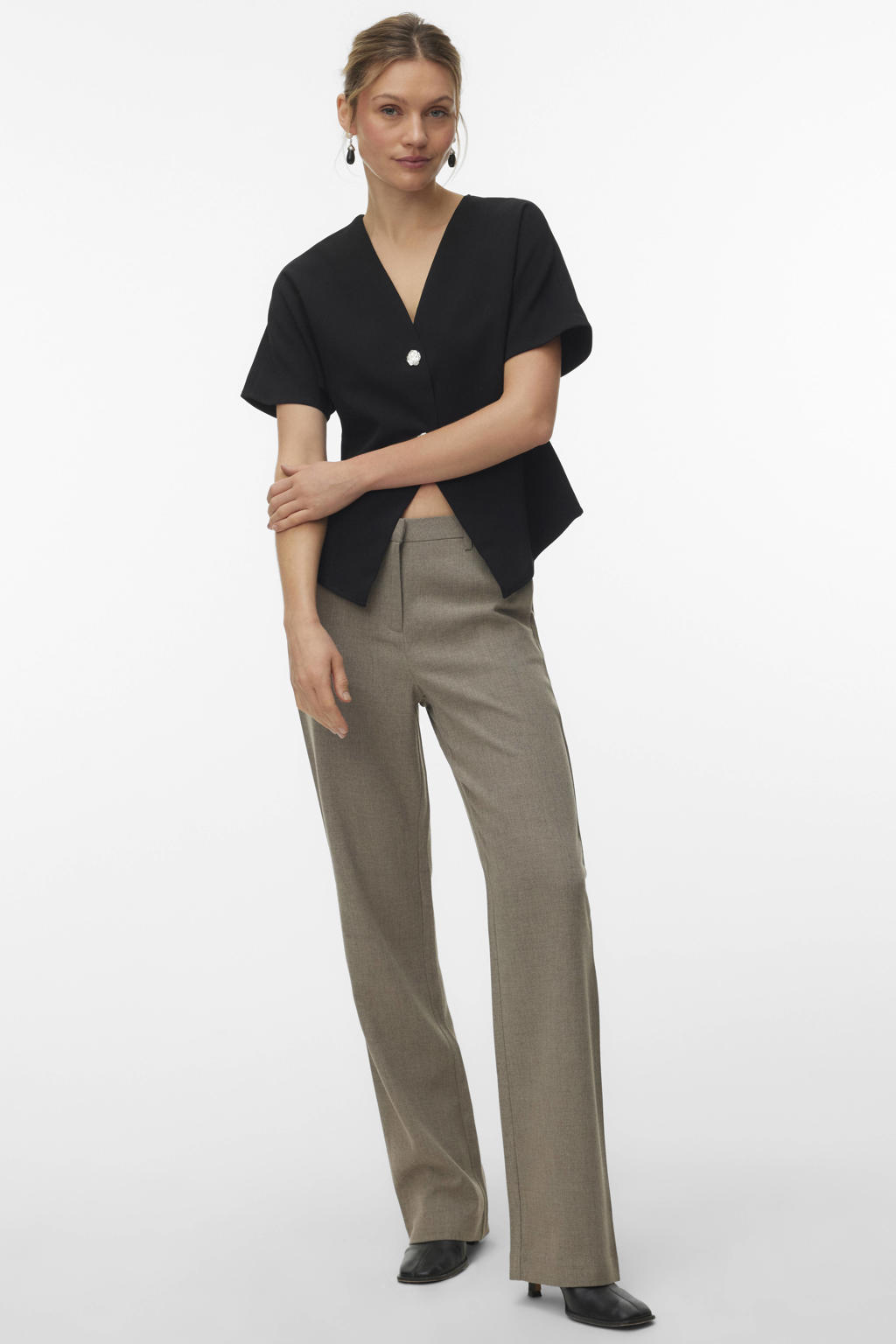 Grijs melange dames VERO MODA straight regular waist casual broek melange van polyester met rits- en haaksluiting en effen