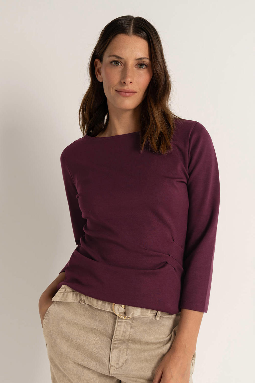 Donkerrode dames CLAUDIA BY CLAUDIA STRÄTER top van modal met effen, half lange mouwen, boothals en plooien