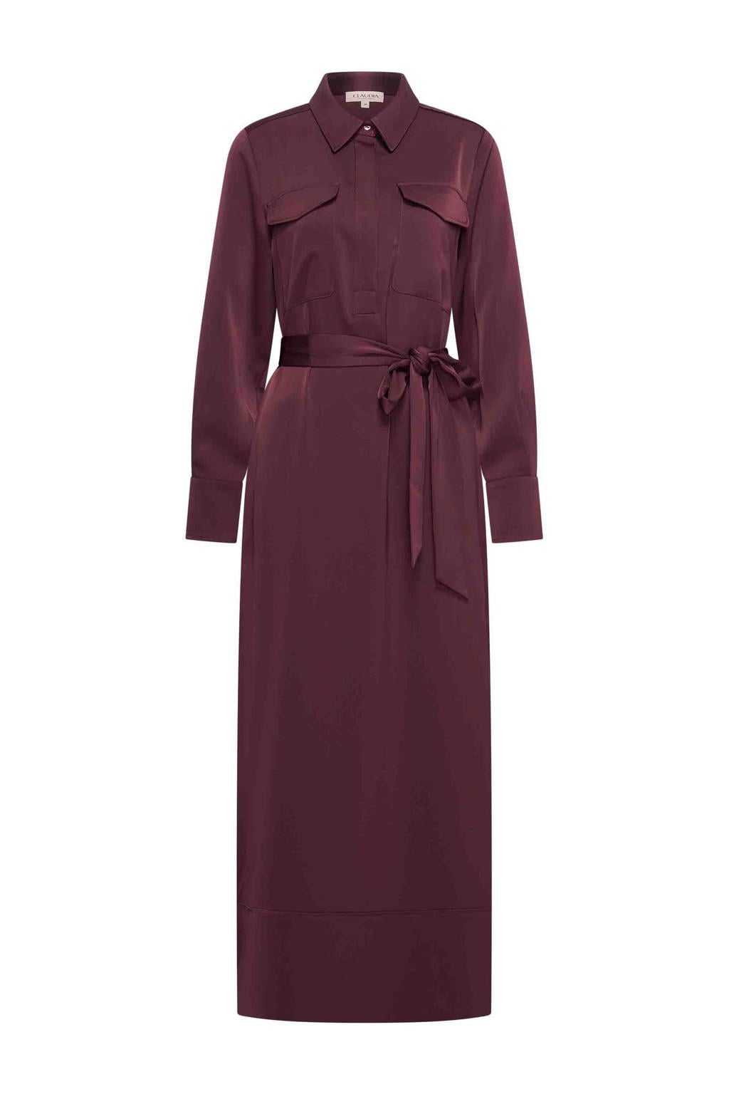 Donkerrode dames CLAUDIA BY CLAUDIA STRÄTER maxi jurk van polyester met effen, lange mouwen en klassieke kraag