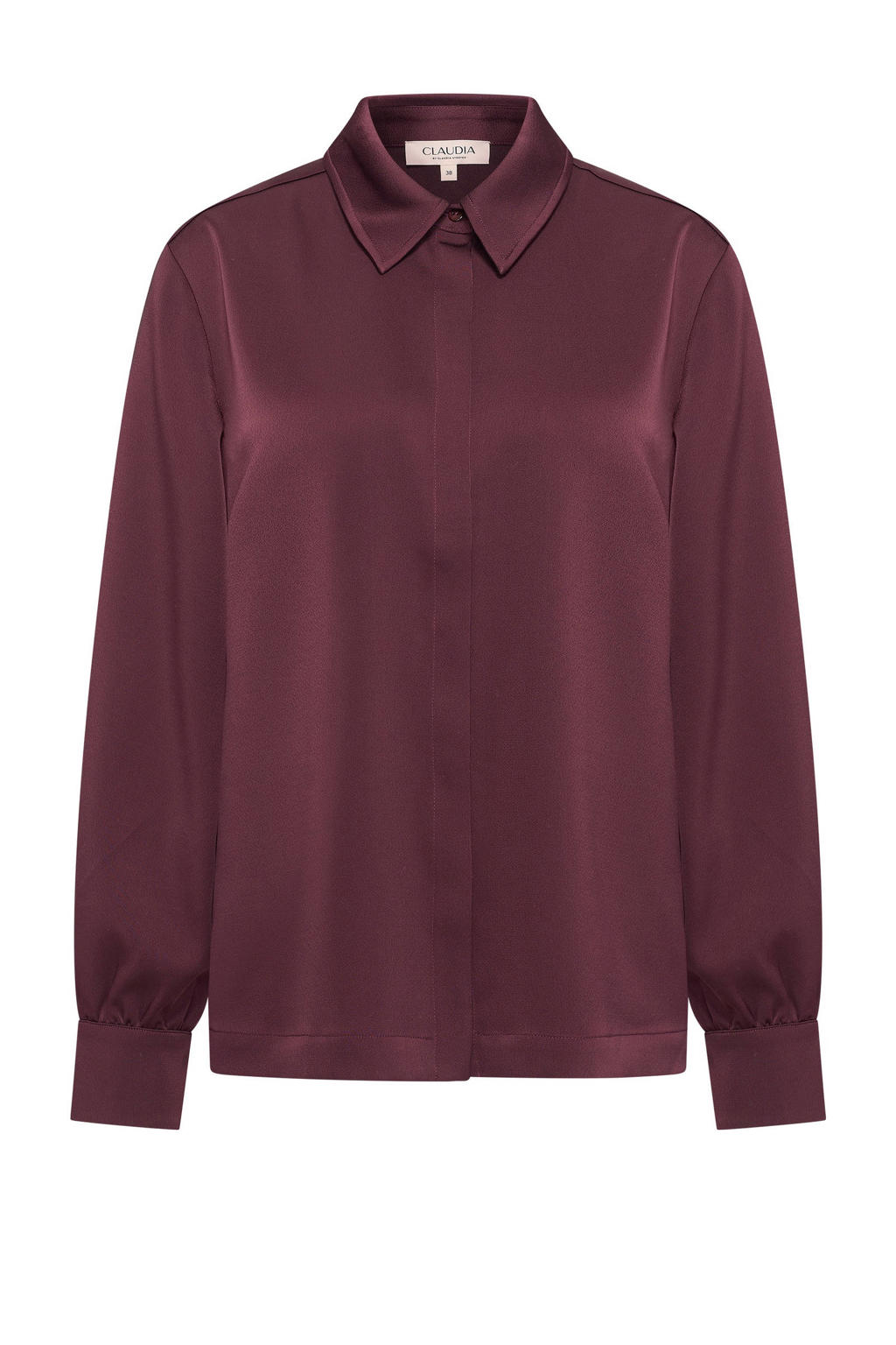 Donkerrode dames CLAUDIA BY CLAUDIA STRÄTER satijnen blouse met effen, lange mouwen, klassieke kraag, blinde knoopsluiting en glimmend detail