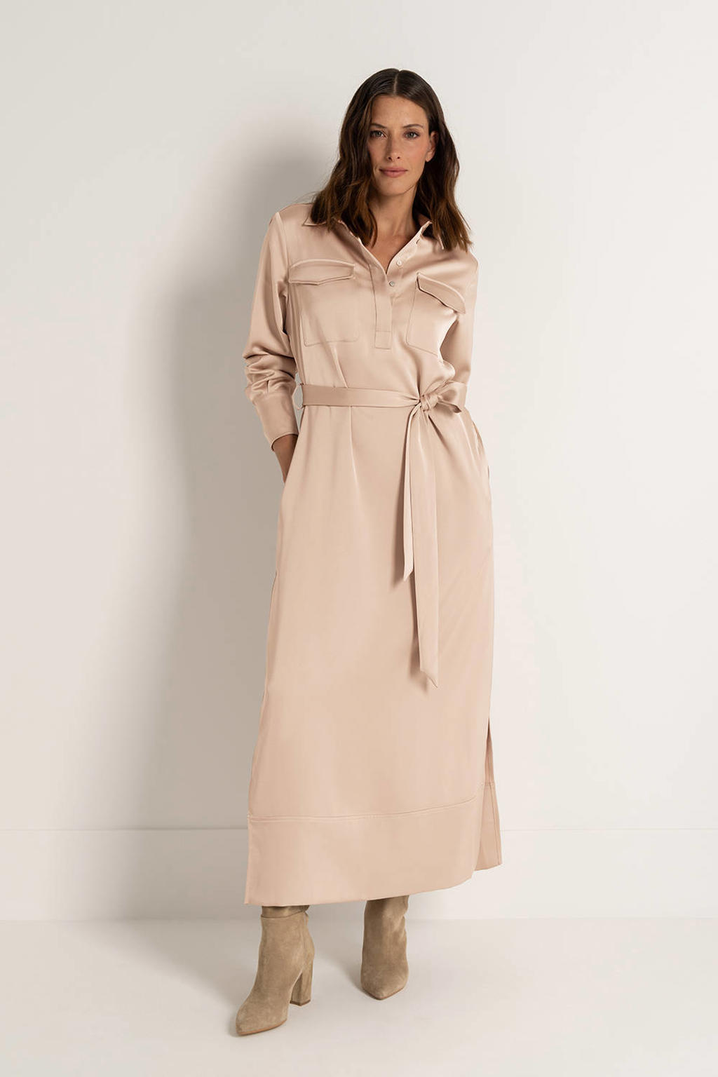 Beige dames CLAUDIA BY CLAUDIA STRÄTER maxi jurk van polyester met effen, lange mouwen en klassieke kraag