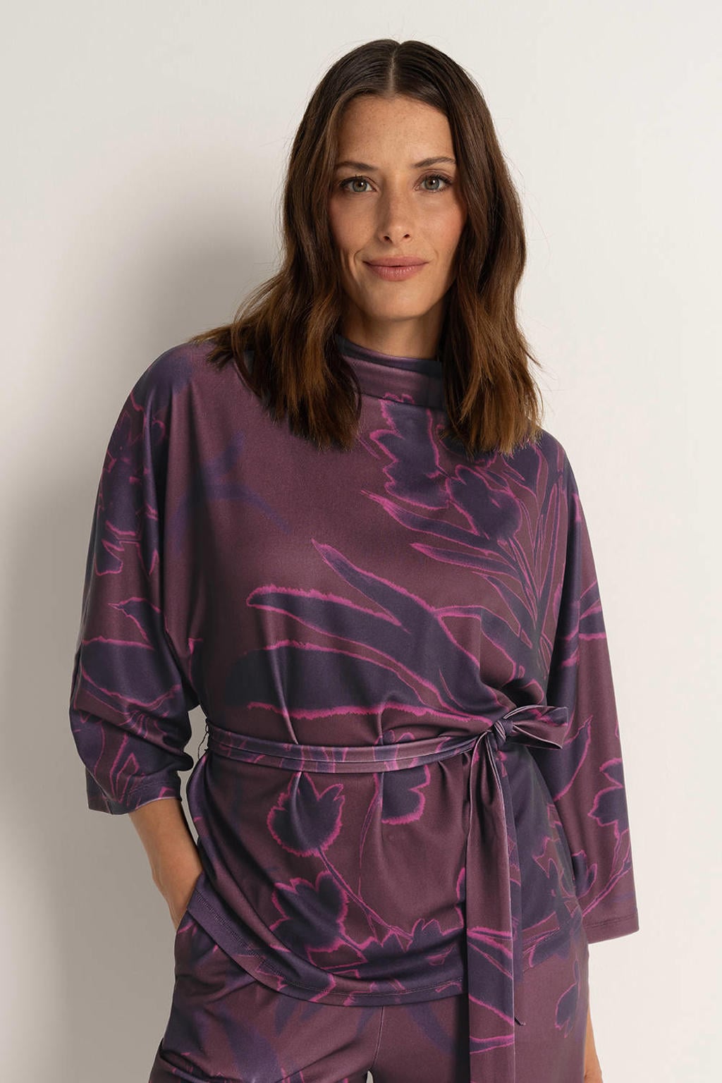 Aubergine dames CLAUDIA BY CLAUDIA STRÄTER top van viscose met lange mouwen en ceintuur