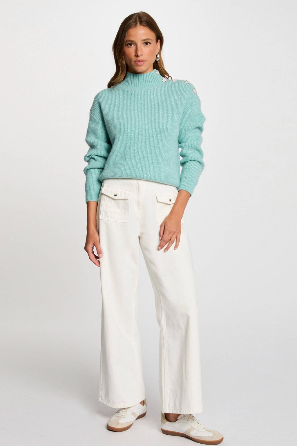 Turquoise dames Morgan trui rib gebreid van polyester met effen, lange mouwen, opstaande kraag en lurex