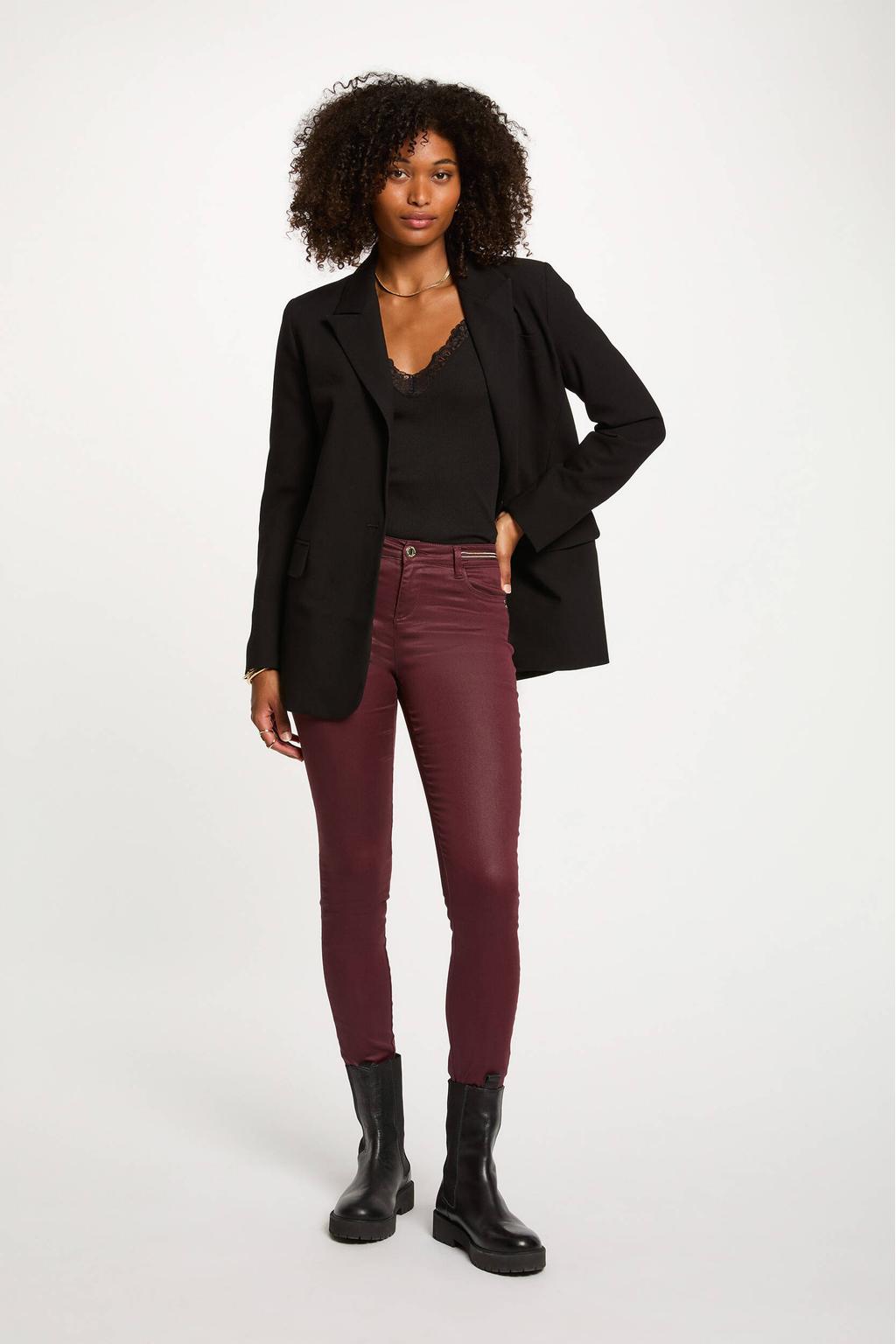 Donkerrode dames Morgan slim regular waist coated broek met effen