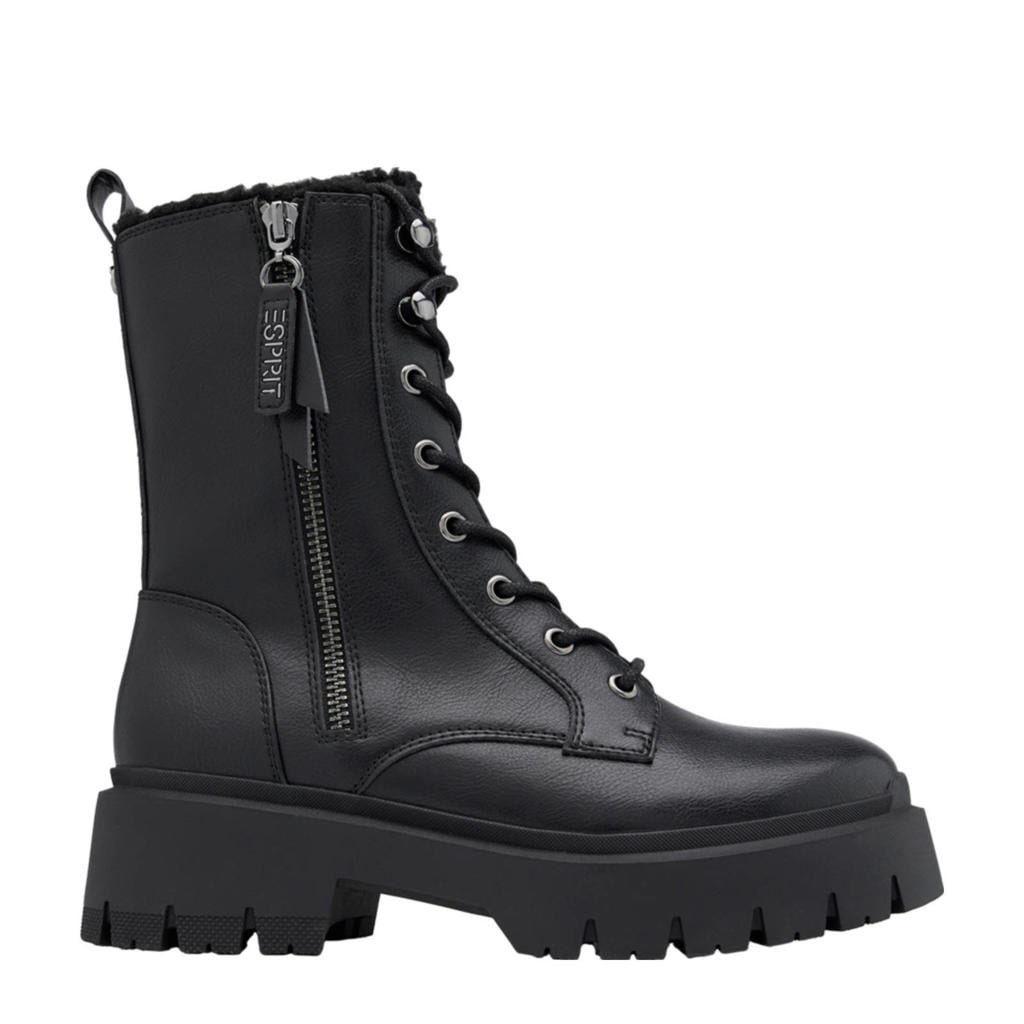 Zwarte dames ESPRIT veterboots van imitatieleer met profielzool en rits- en vetersluiting