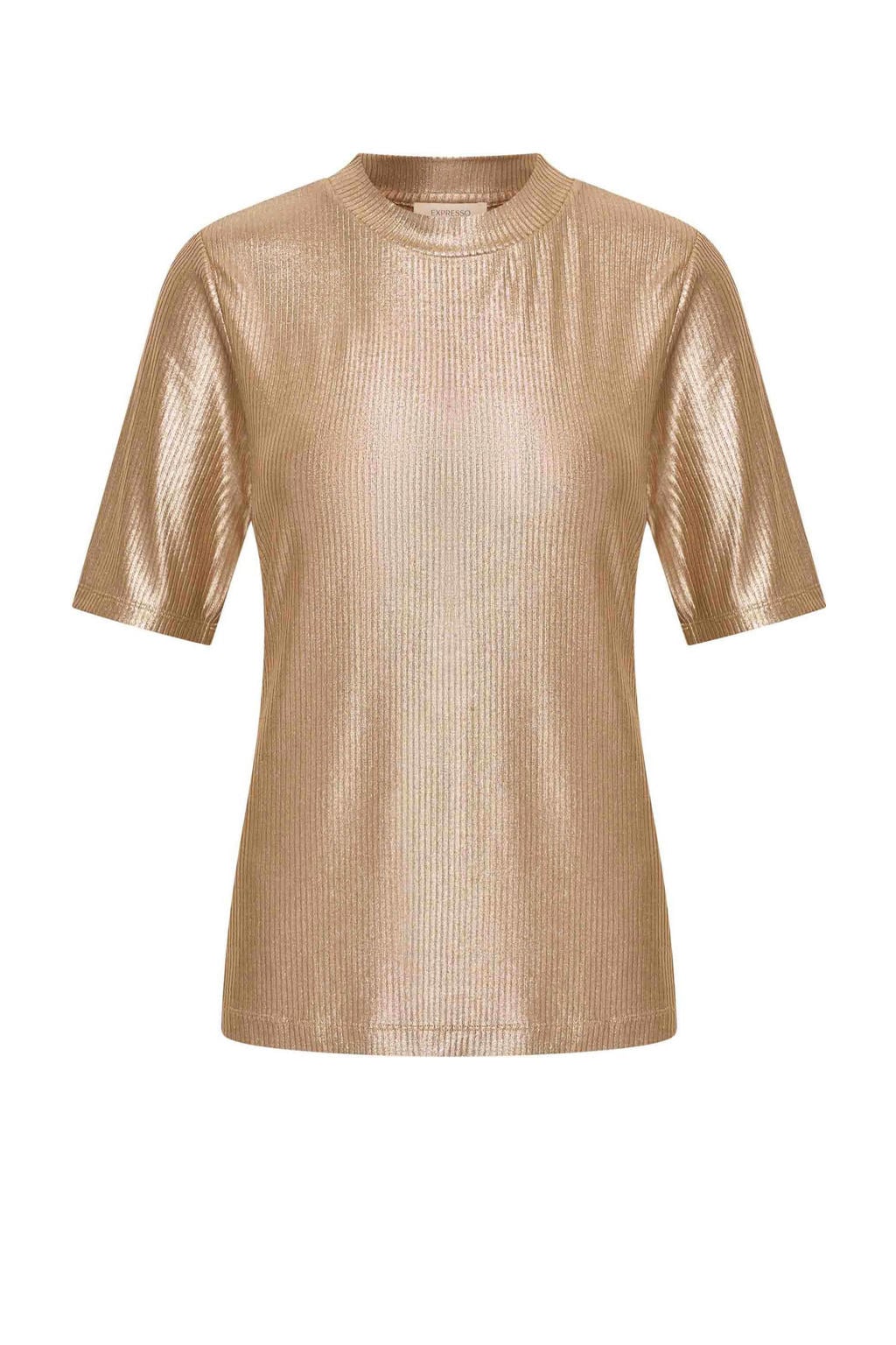 Beige dames Expresso top van polyester met effen, korte mouwen, ronde hals en glimmend detail