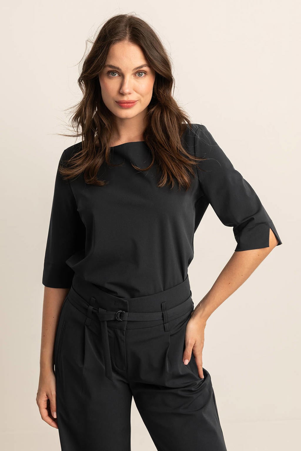 Zwarte dames Expresso travelstof top van polyamide met effen, driekwart mouwen en boothals