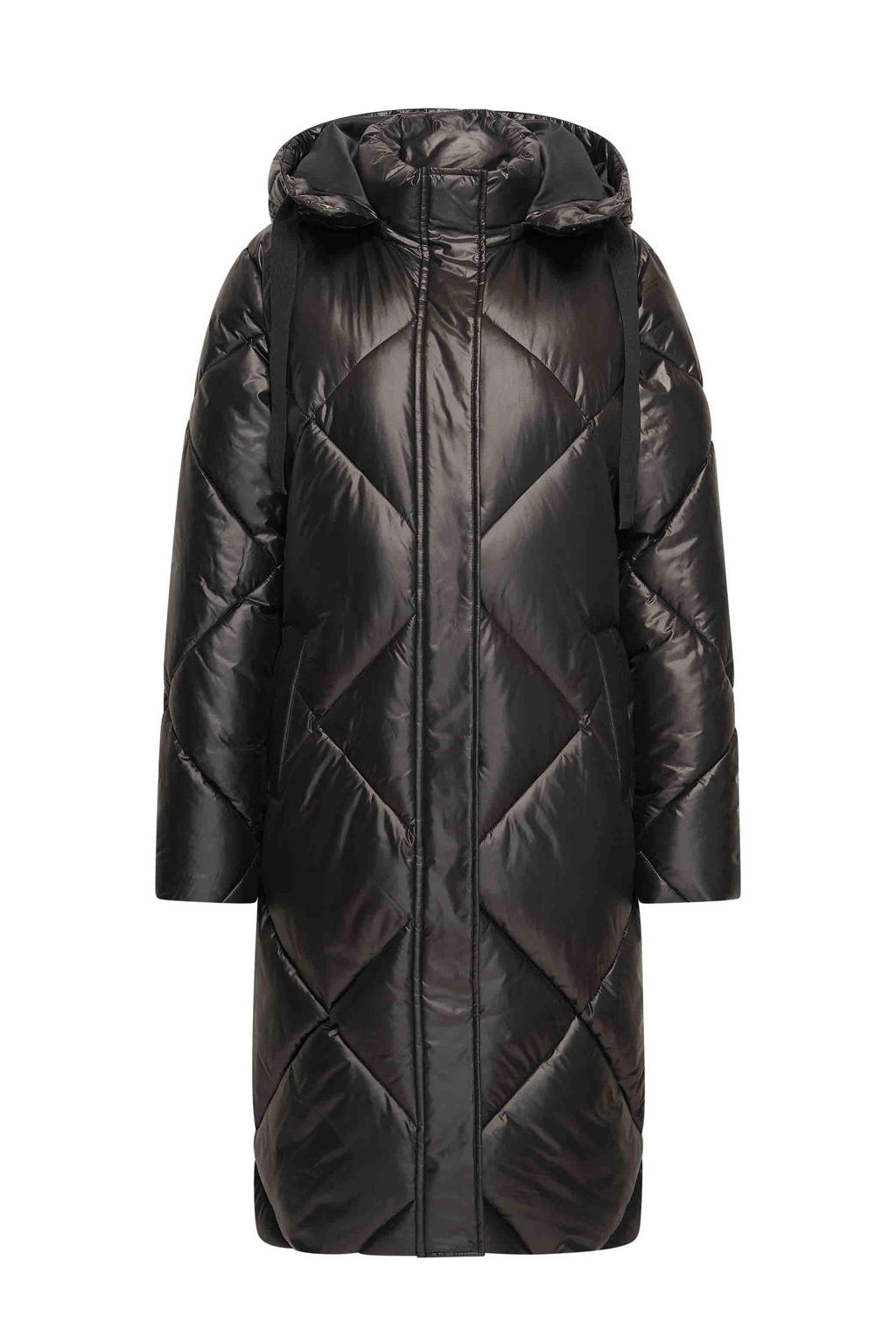Zwarte dames Expresso winterjas van polyester met effen, lange mouwen, capuchon, ritssluiting en glimmend detail