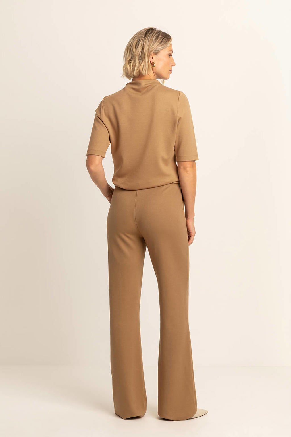 Beige dames Expresso flared broek van viscose met high waist, gesp en effen