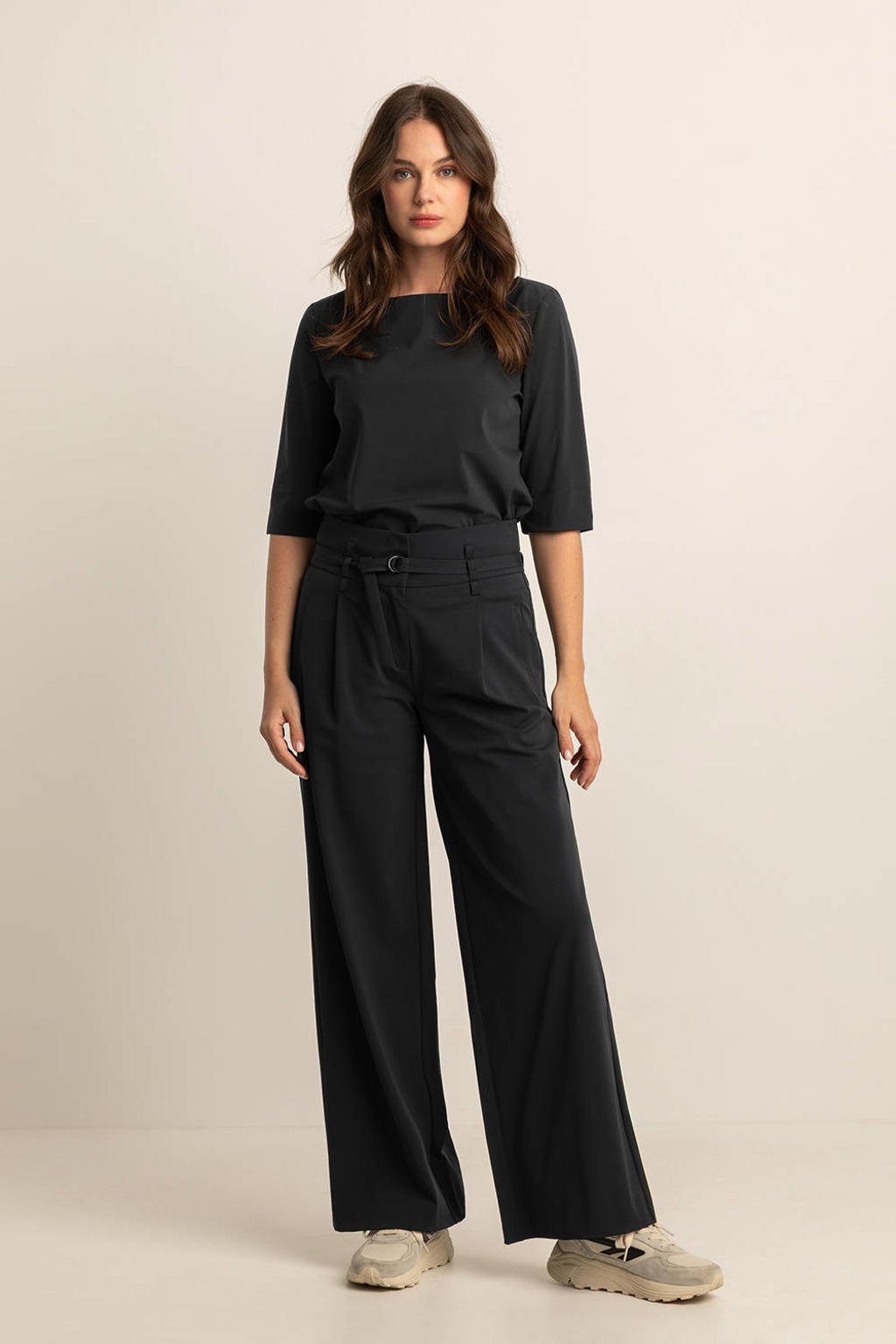 Zwarte dames Expresso high waist pantalon travelstof van polyamide met rits- en knoopsluiting en effen