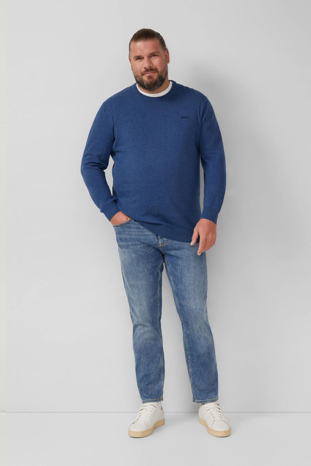 Blauwe heren s.Oliver Big Size pullover gebreide trui van katoen met effen, lange mouwen en ronde hals