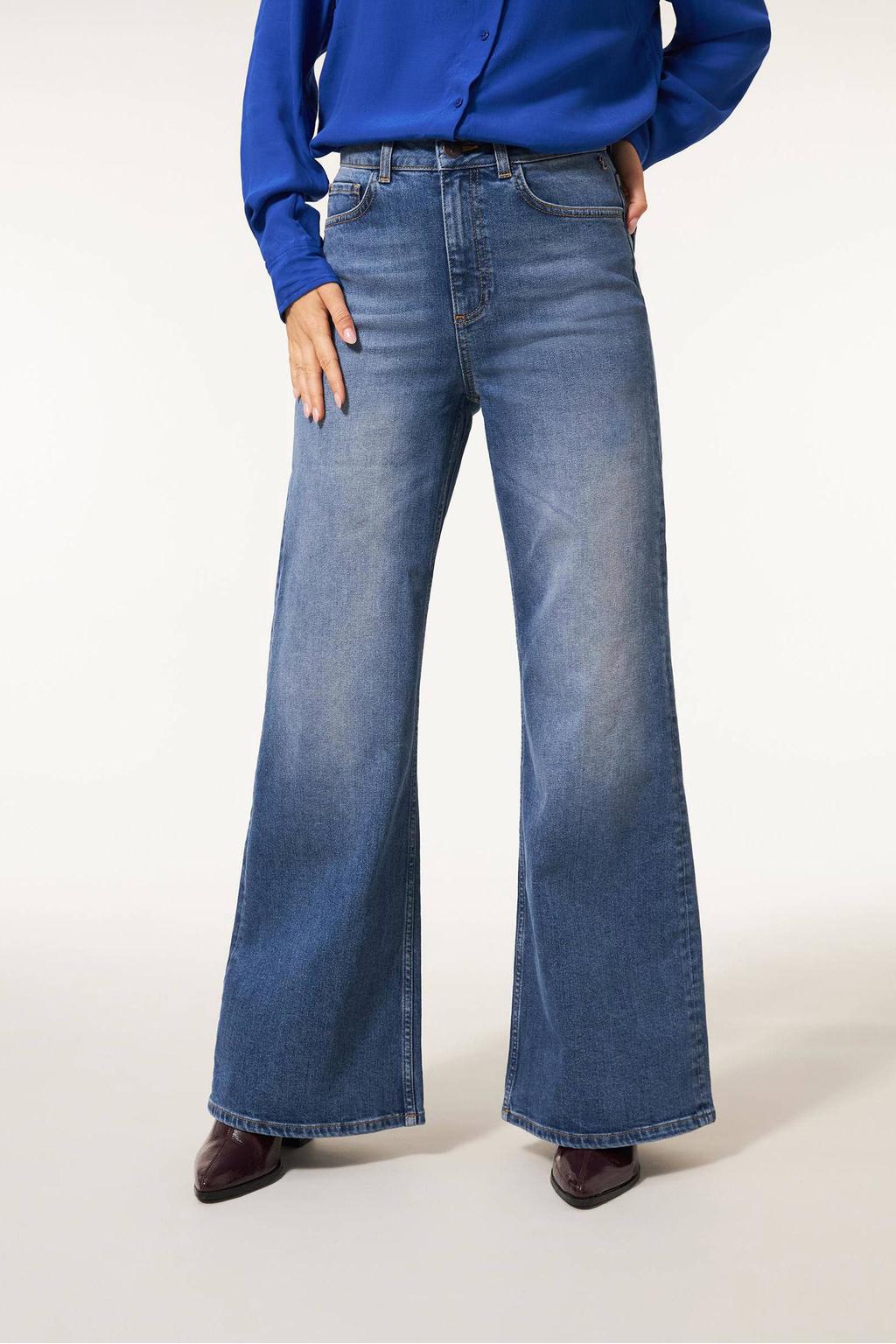 Medium blue denim dames Miss Etam wide leg jeans van denim met rits- en knoopsluiting en effen