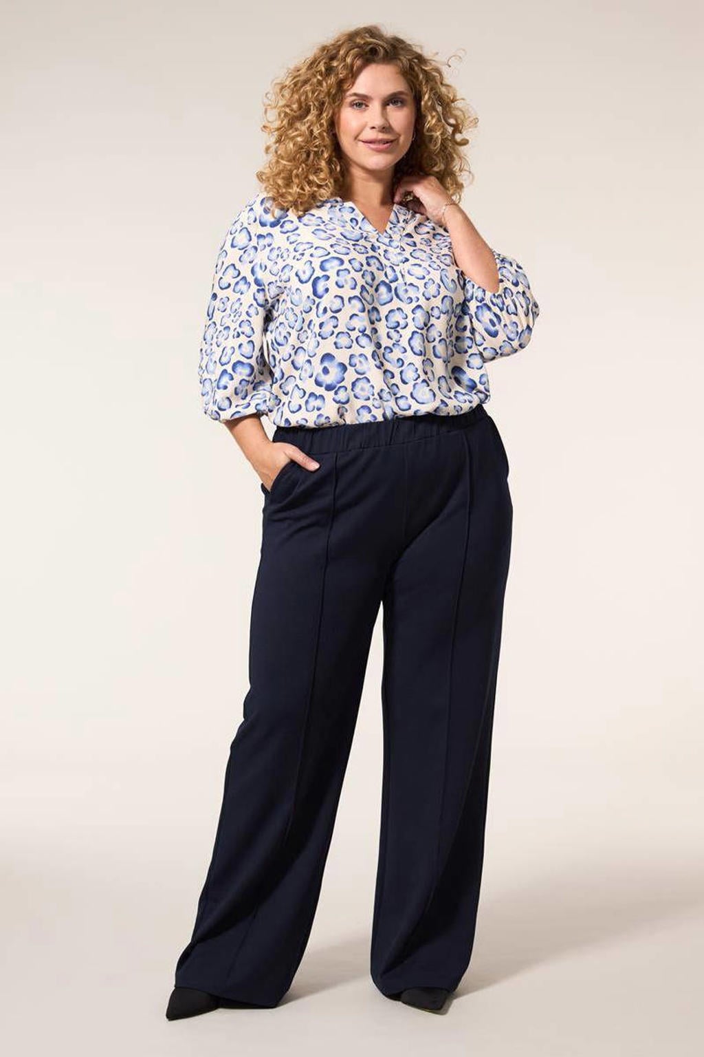 Donkerblauwe dames Miss Etam Plus wide leg regular waist broek met rits- en knoopsluiting en effen