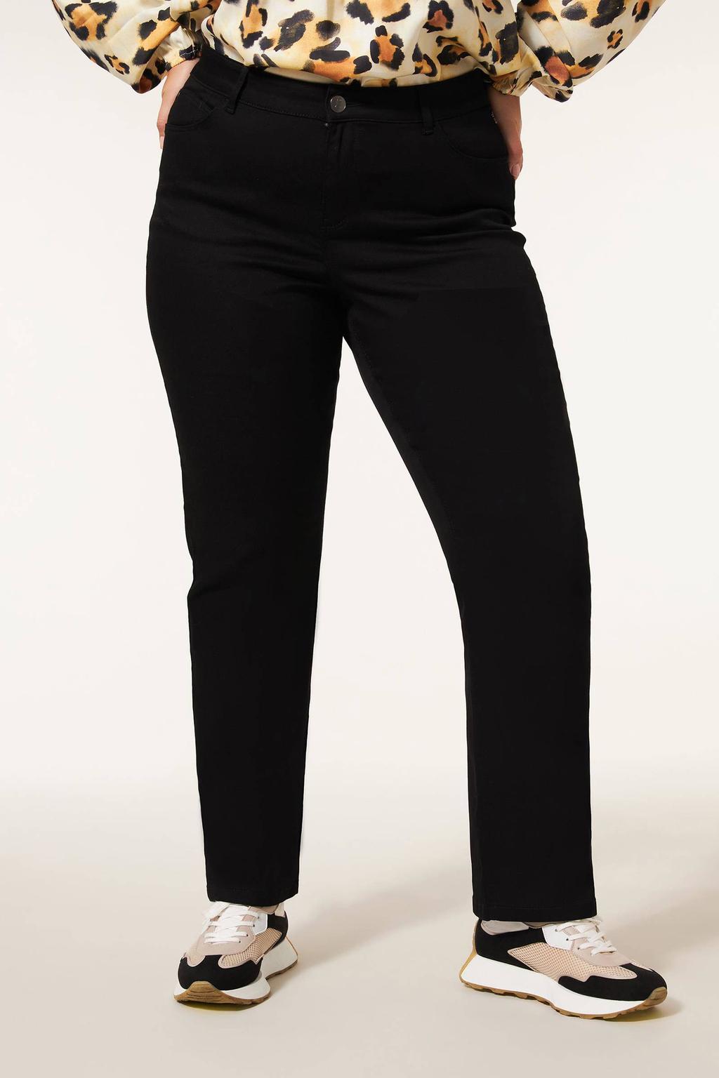 Zwarte dames Miss Etam Plus straight leg jeans van denim met rits- en knoopsluiting en effen