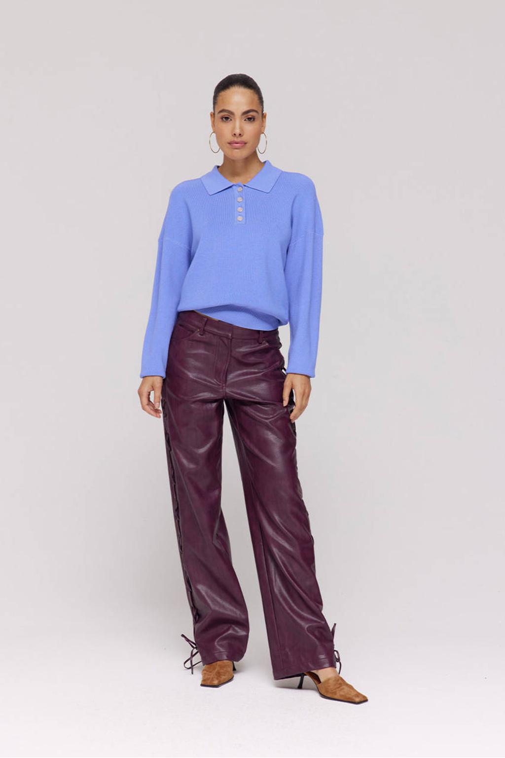 Donkerrode dames HARPER & YVE imitatieleren wide leg regular waist broek met rits- en knoopsluiting