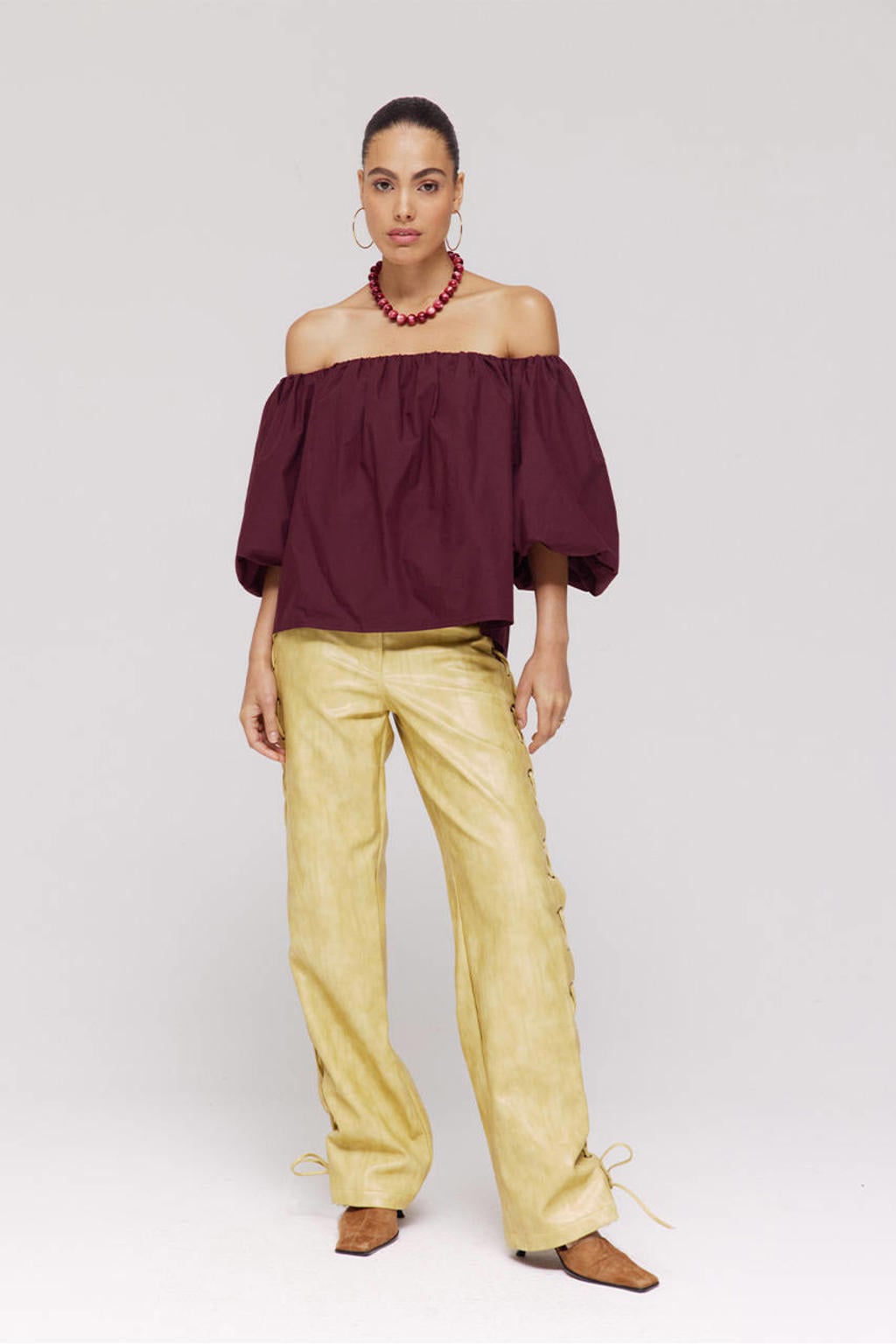 Gele dames HARPER & YVE imitatieleren wide leg regular waist broek met rits- en knoopsluiting