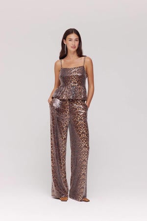 wide leg regular waist casual broek met panterprint bruin met pailletten