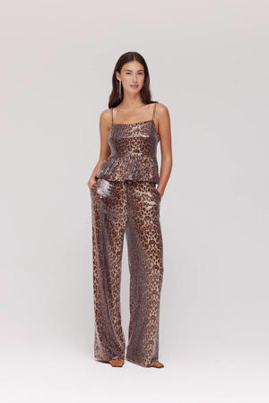wide leg regular waist casual broek met panterprint bruin met pailletten