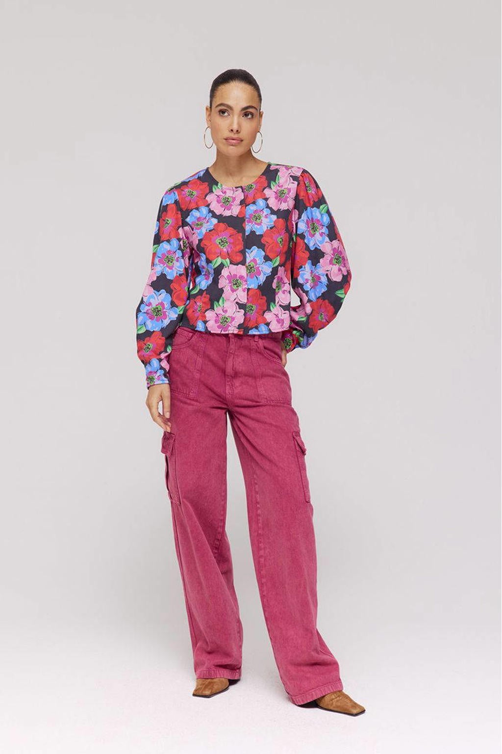 Multikleurige dames HARPER & YVE gebloemde blousetop van viscose met lange mouwen, ronde hals en knoopsluiting