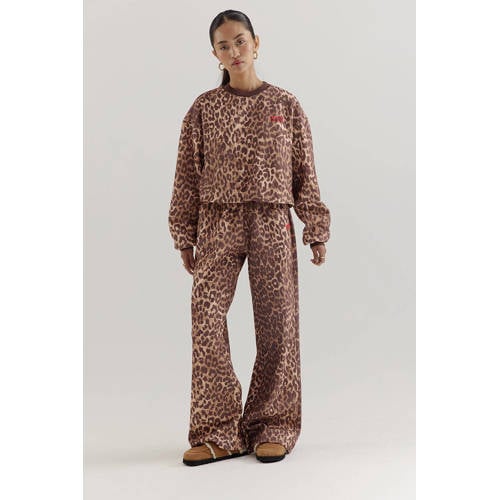 HARPER & YVE Wide leg regular waist casual broek met panterprint bruin afbeelding