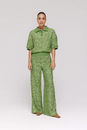 wide leg regular waist casual broek groen met pailletten