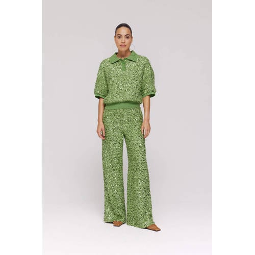 HARPER & YVE Wide leg regular waist casual broek groen met pailletten afbeelding