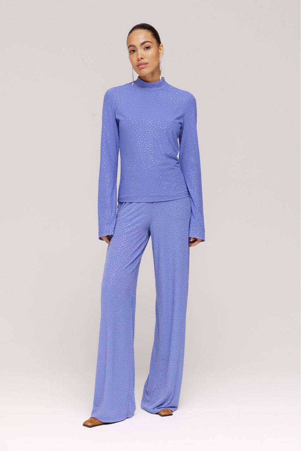 Blauwe dames HARPER & YVE top van polyamide met effen, lange mouwen, col en sierstenen