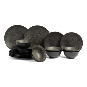 Serviesset Candy Black 18-delig / 6 personen - 6 dinerborden, 6 ontbijtborden en 6 kommen