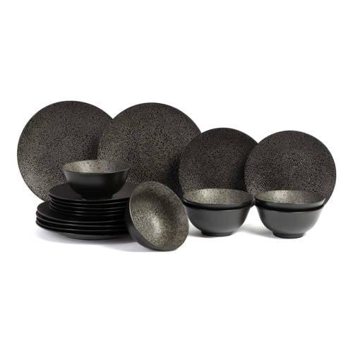 Wehkamp Cosy & Trendy Cosy & Trendy Serviesset Candy Black 18-delig / 6 personen - 6 dinerborden, 6 ontbijtborden en 6 kommen aanbieding