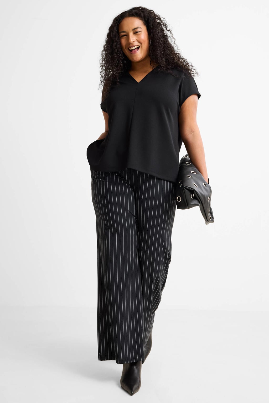 Zwart en witte dames GREAT LOOKS travel wide leg broek met high waist en strepenprint