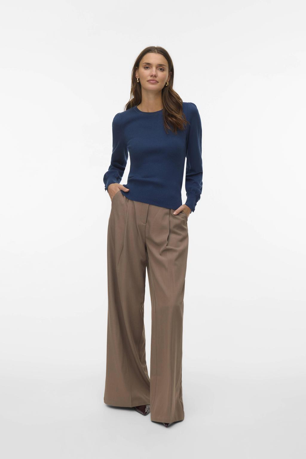 Blauwe dames VERO MODA trui gebreid van viscose met effen, lange mouwen en ronde hals