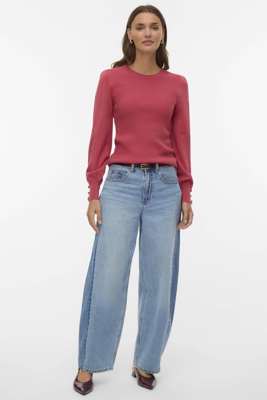 Roze dames VERO MODA trui gebreid van viscose met effen, lange mouwen en ronde hals
