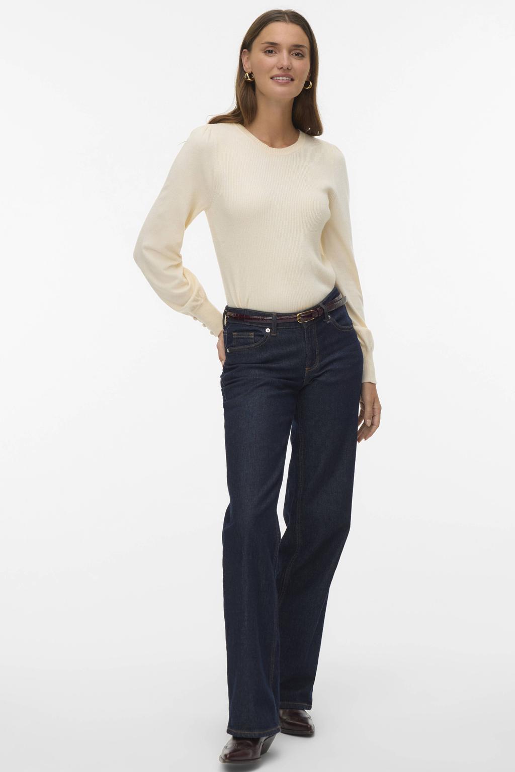 Ecru dames VERO MODA trui gebreid van viscose met effen, lange mouwen en ronde hals