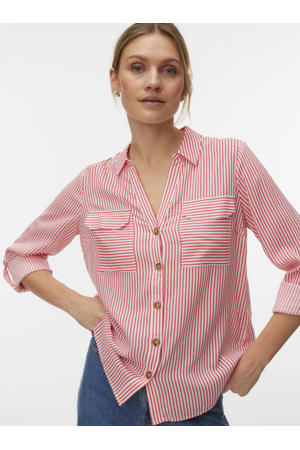 gestreepte blouse koraalrood/ wit