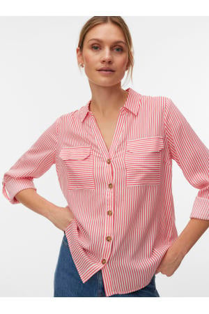 gestreepte blouse koraalrood/ wit