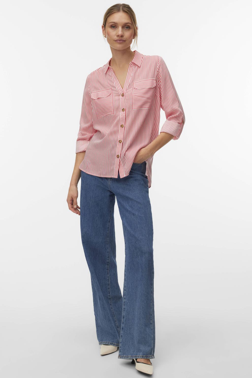 Koraalrood en witte dames VERO MODA gestreepte blouse van viscose met lange mouwen, klassieke kraag, knoopsluiting en oprolfunctie