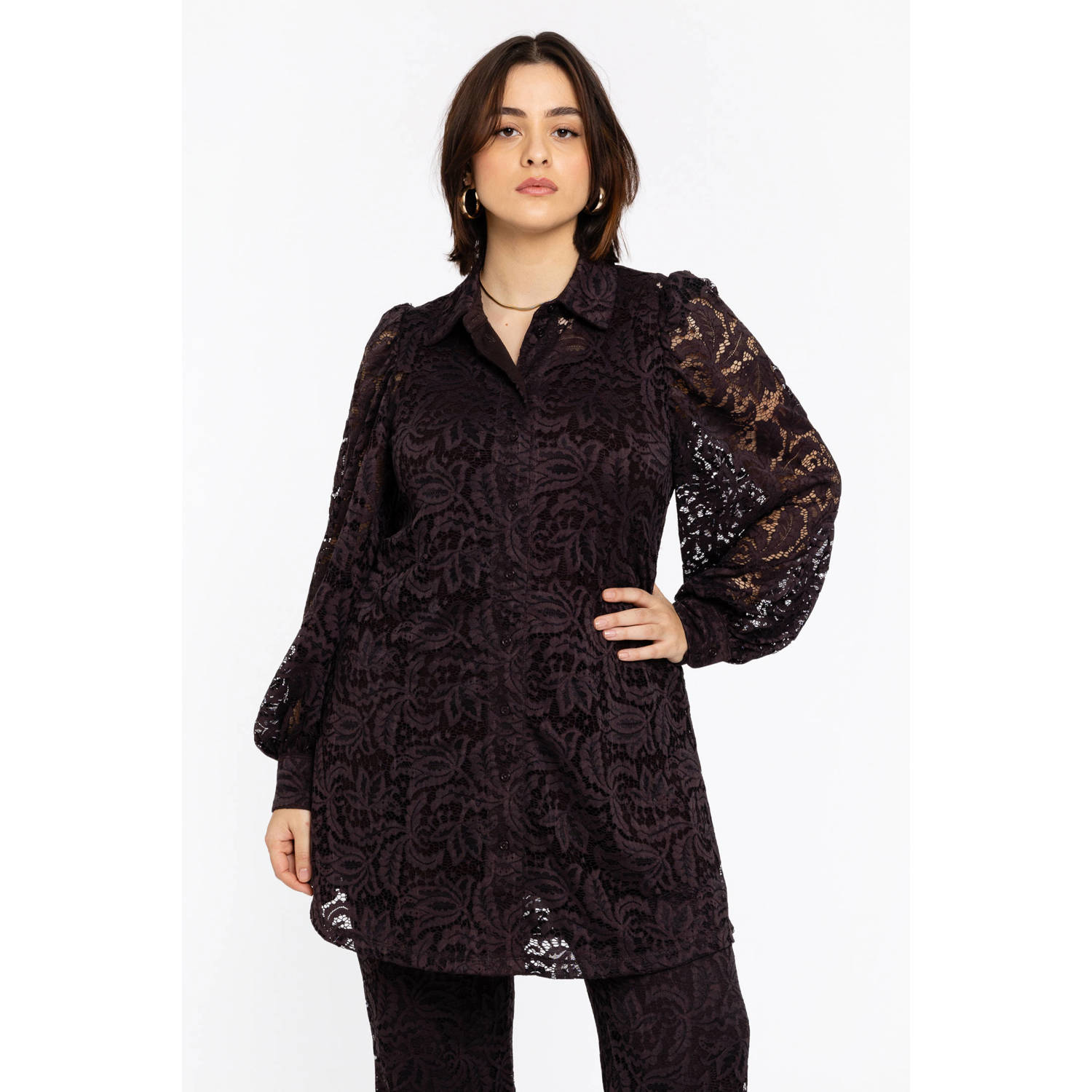 YOEK kanten blouse donkerbruin
