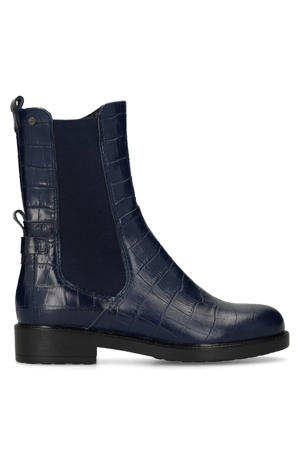 leren enkellaarzen met crocoprint donkerblauw