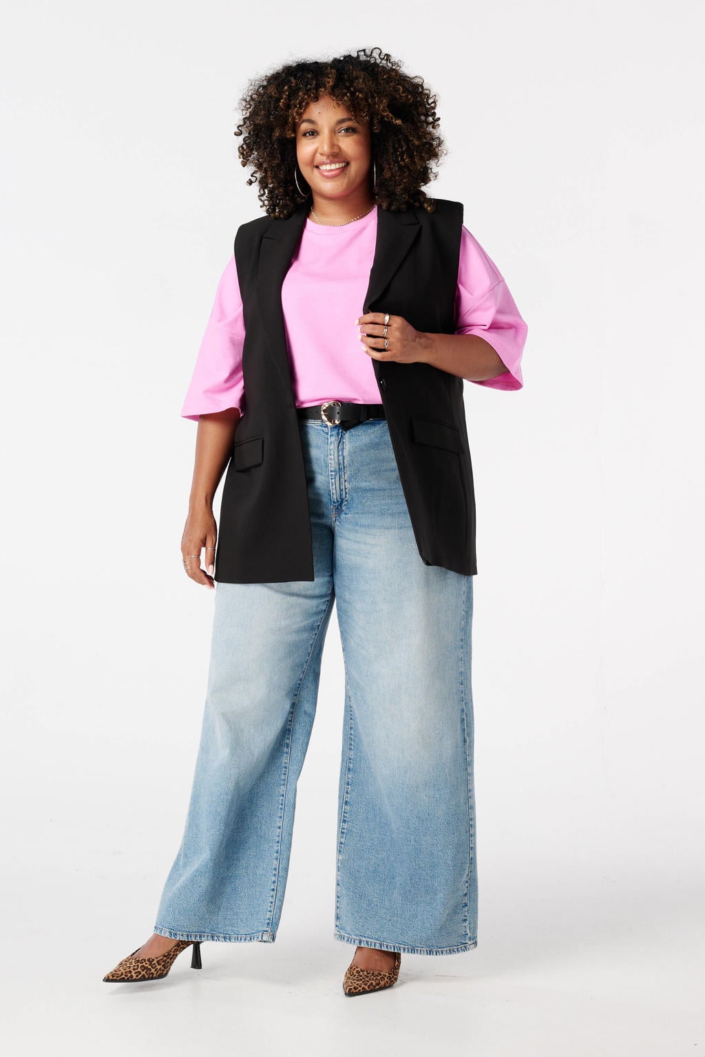Zwarte dames MS Mode gilet van polyester met effen, klassieke kraag en knoopsluiting