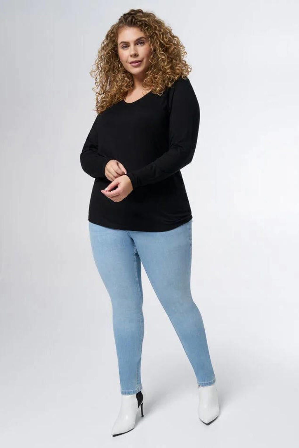 Zwarte dames MS Mode longsleeve van viscose met effen, lange mouwen en klassieke kraag