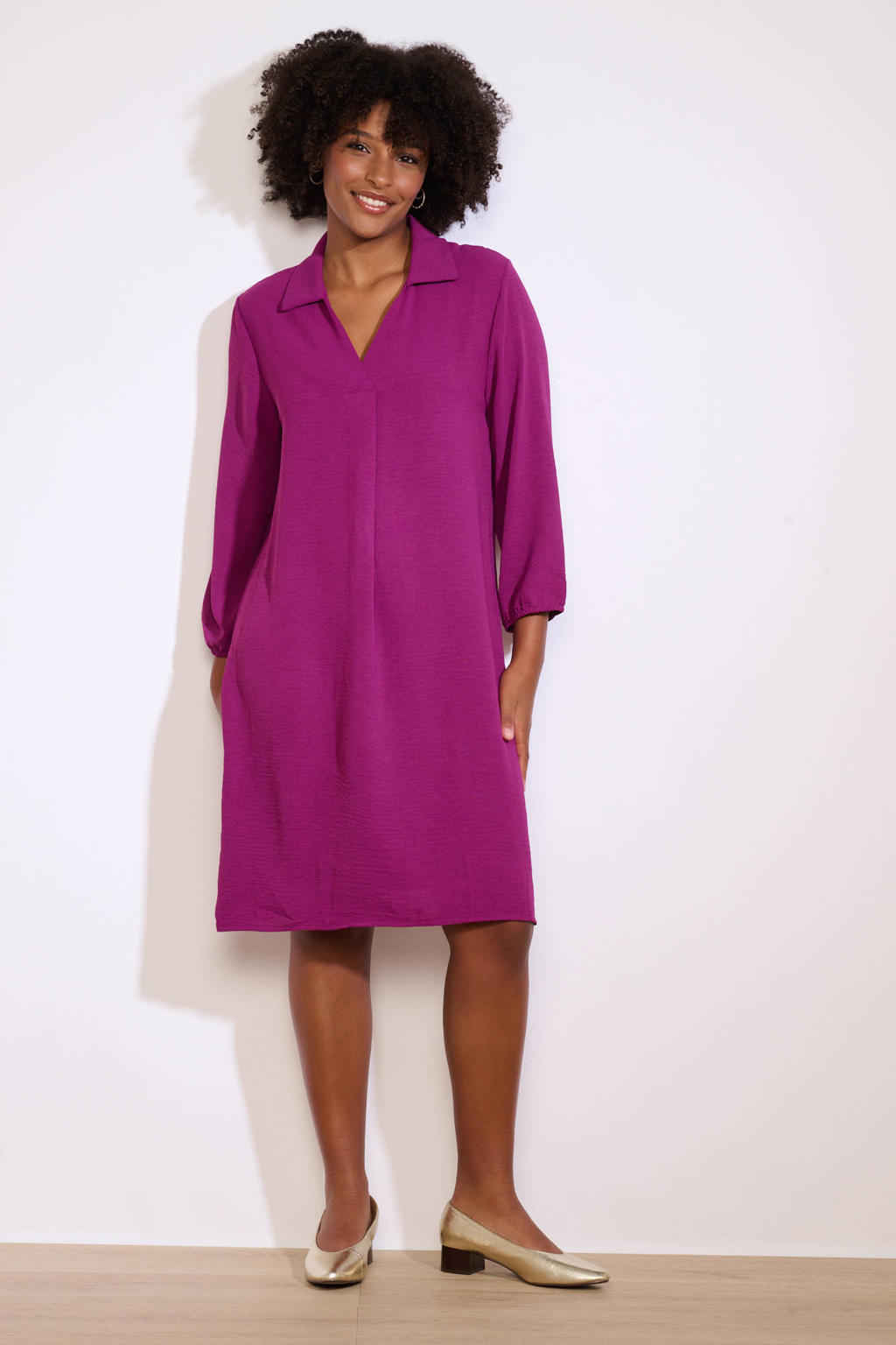 Fuchsia dames LOLALIZA korte jurk van polyester met effen, driekwart mouwen en polo kraag