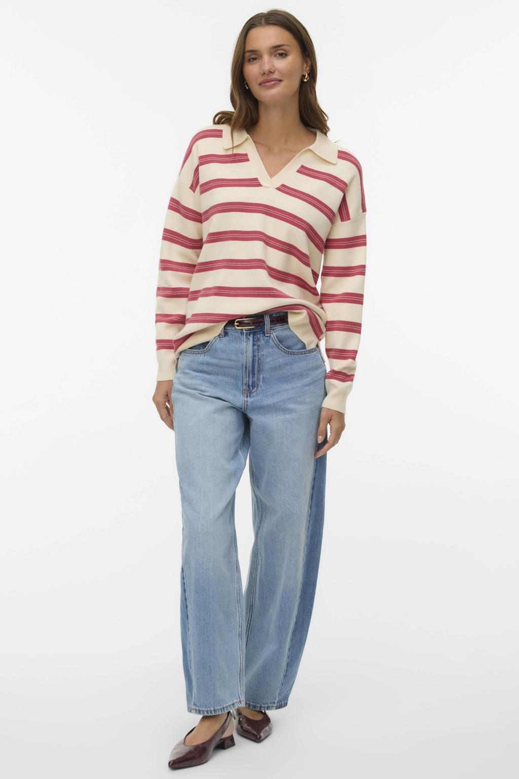 Ecru en rode dames VERO MODA gestreepte pullover van viscose met lange mouwen en polo kraag