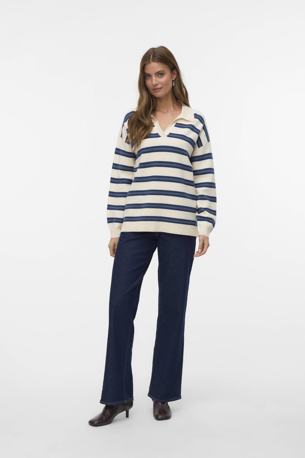 Ecru en blauwe dames VERO MODA gestreepte pullover van viscose met lange mouwen en polo kraag