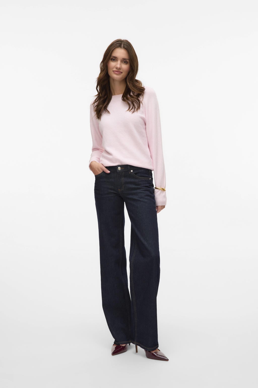 Lilakleurige dames VERO MODA trui gebreid van polyester met effen, lange mouwen en ronde hals