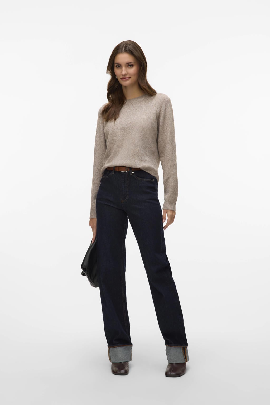 Grijsbruine dames VERO MODA trui gebreid van polyester met effen, lange mouwen en ronde hals