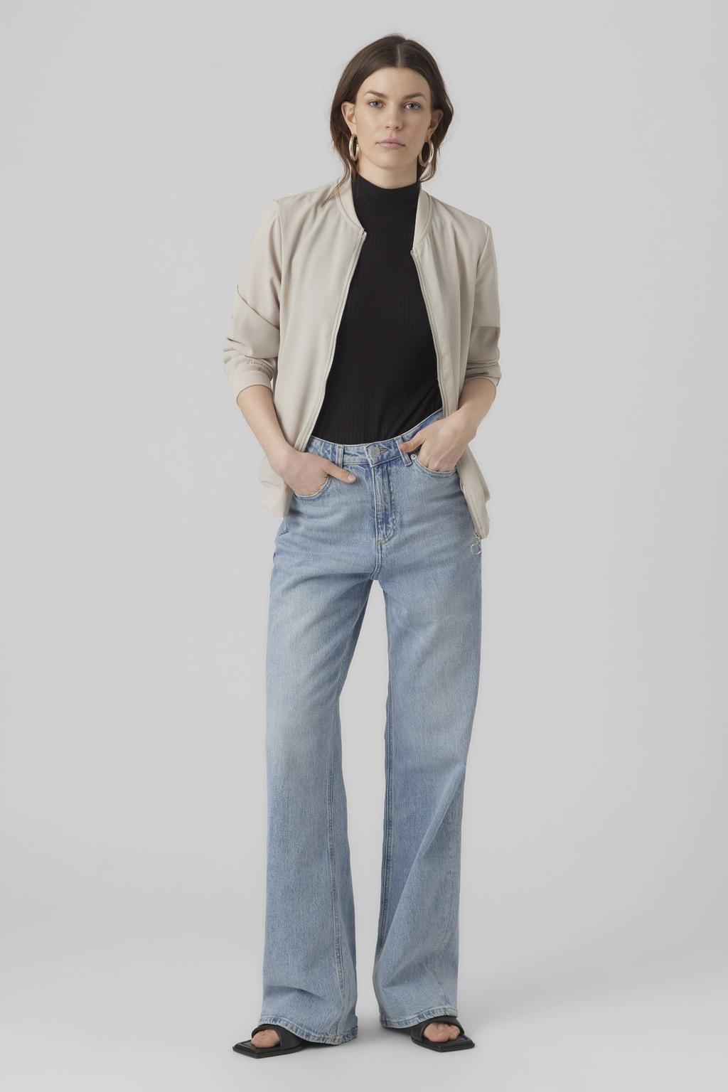 Lichtgrijze dames VERO MODA bomberjack van polyester met effen, lange mouwen, ronde hals en ritssluiting