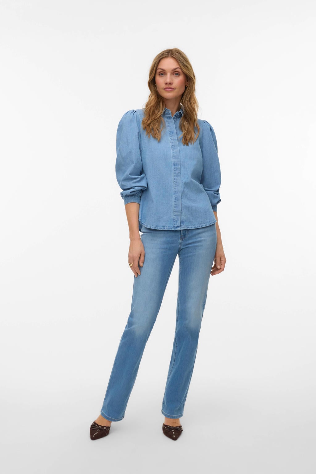 Lichtblauwe dames VERO MODA blouse van katoen met effen, lange mouwen, klassieke kraag, knoopsluiting en plooien