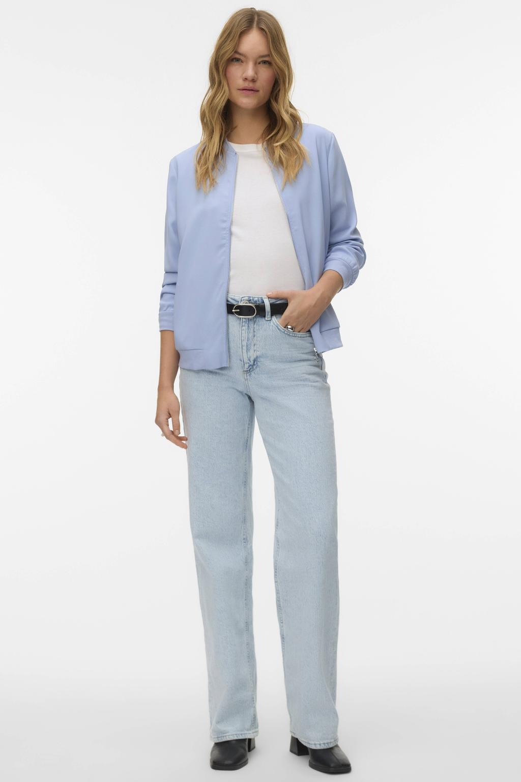 Lichtblauwe dames VERO MODA bomberjack van polyester met effen, lange mouwen, ronde hals en ritssluiting