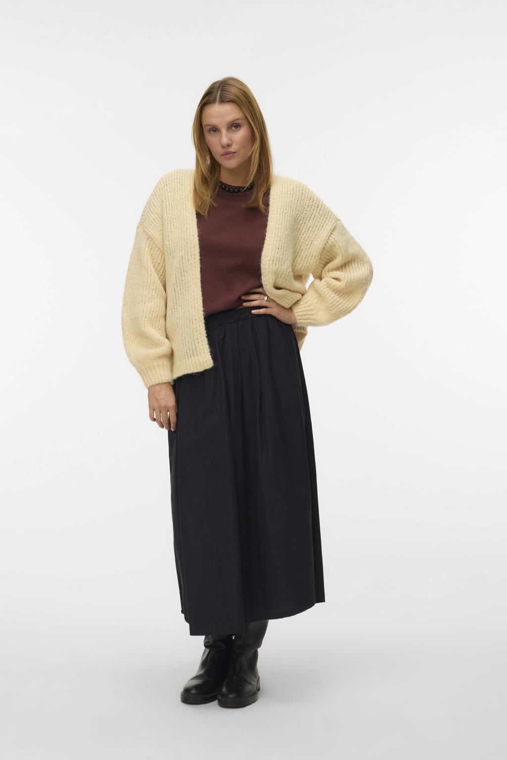 Lichtgele dames VERO MODA gebreid vest met effen, lange mouwen en ronde hals