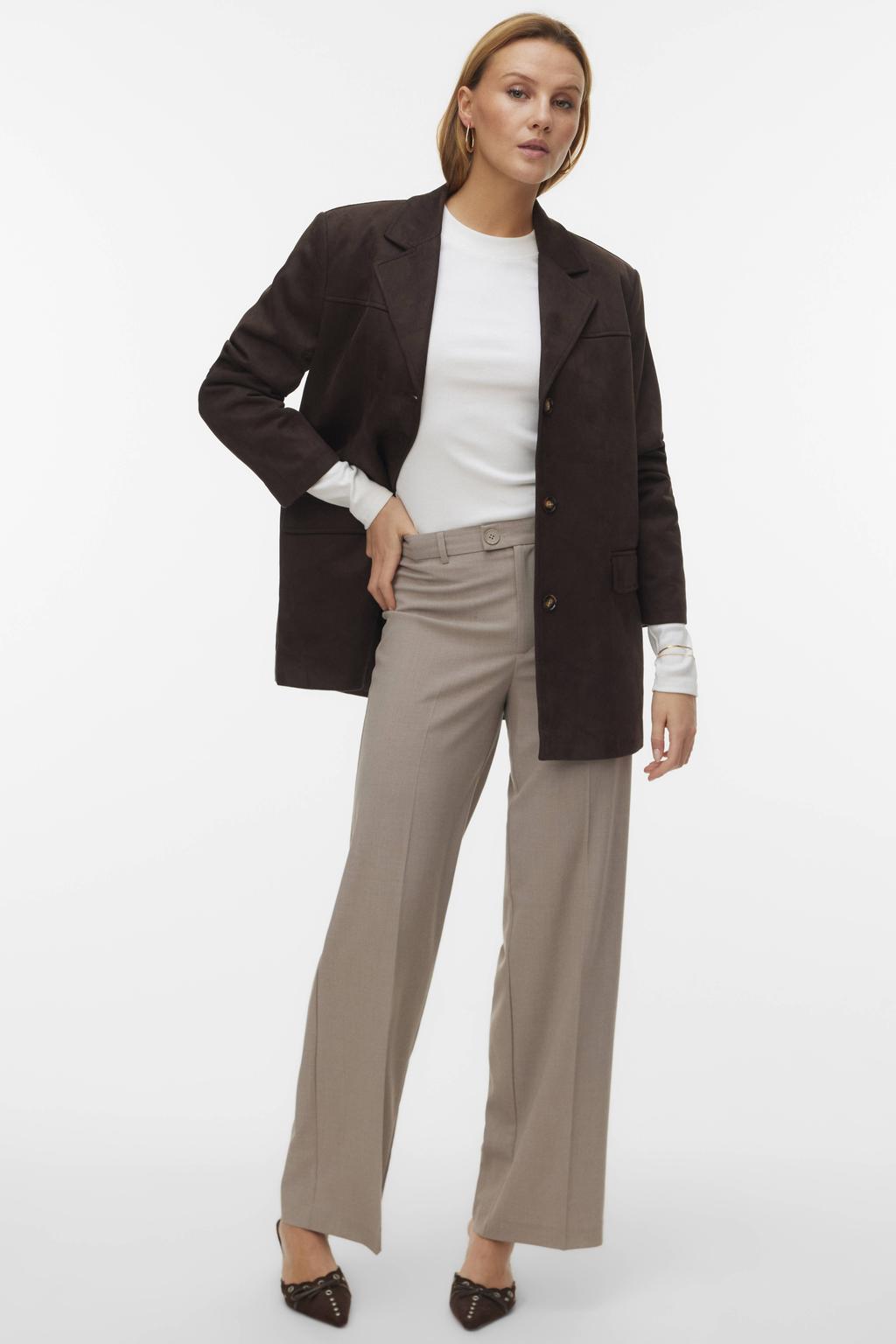 Grijsbruine dames VERO MODA straight regular waist pantalon van polyester met rits- en knoopsluiting en effen